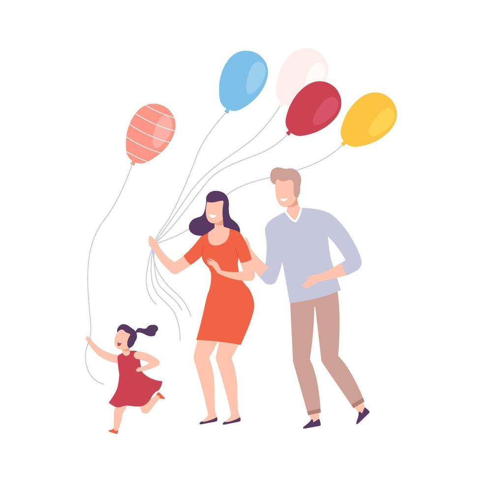 Family with Colorful Balloons, Smiling Mother, Father and their Daughter Celebrating Holiday Illustration vector