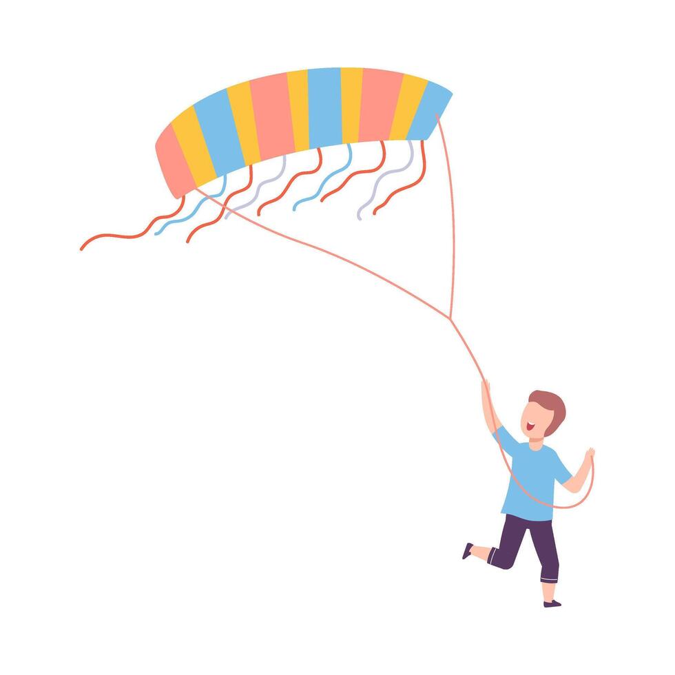 Happy Smiling Boy Flying Kite into the Sky, Outdoor Recreational Activity Illustration vector
