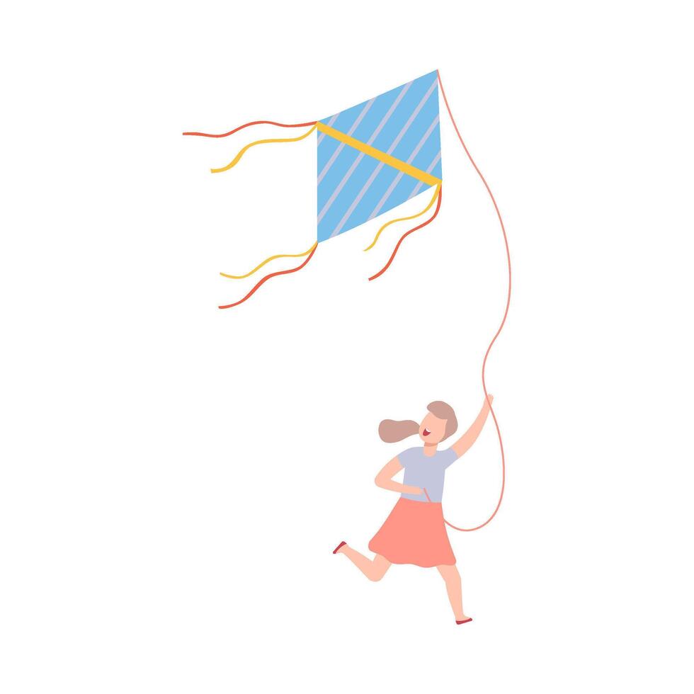 Happy Smiling Girl Flying Kite into the Sky, Outdoor Recreational Activity Illustration vector