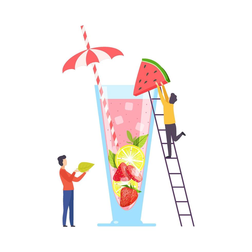 Tiny People Making Cocktail, Young Men Putting Fruits to Big Glass with Juice Using Ladder, Cold Sweet Summer Drink Illustration vector