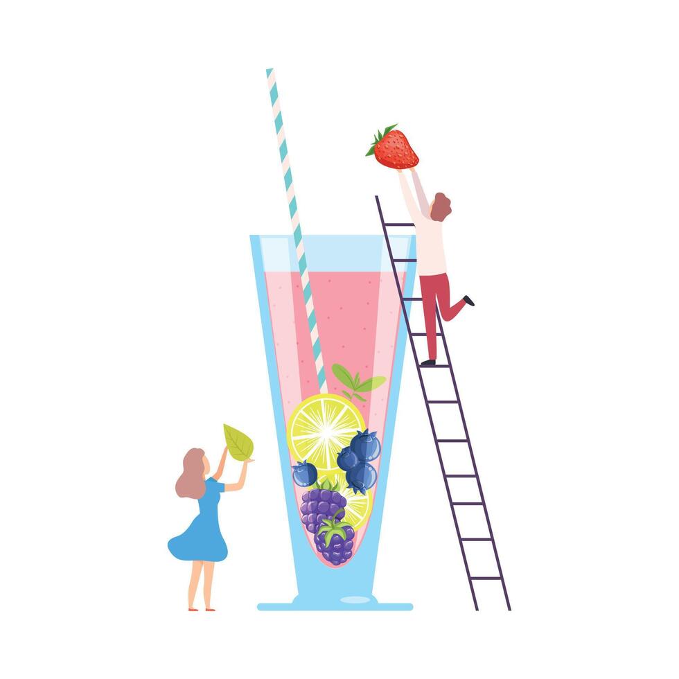 Tiny People Making Cocktail, Young Man and Woman Putting Berries and Mint Leaf to Big Glass with Juice and Straw Using Ladder, Cold Sweet Summer Drink Illustration vector