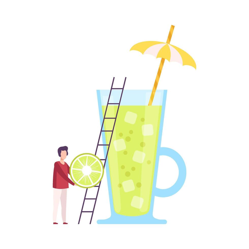 Tiny People Making Cocktail, Young Man Putting Slice of Lime to Big Glass with Juice and Umbrella, Cold Sweet Summer Drink Illustration vector
