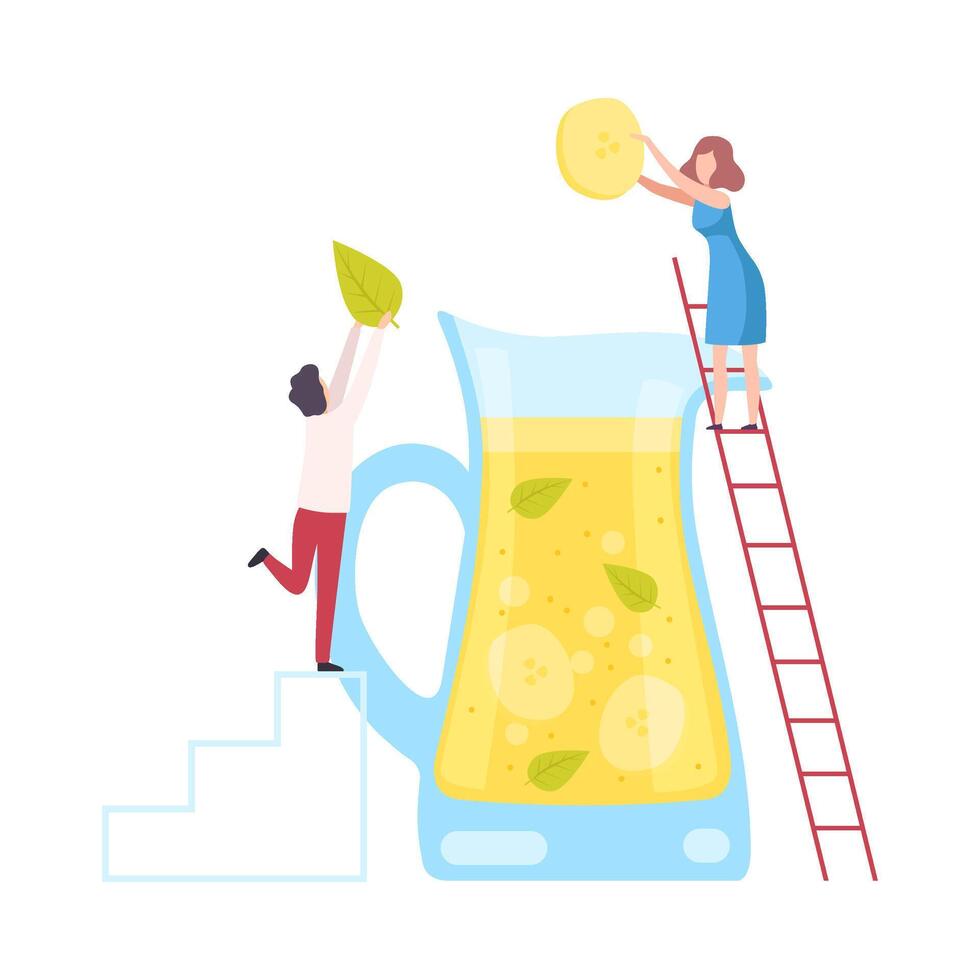Tiny People Making Cocktail, Young Man and Woman Putting Slices of Apple and Mint Leaf to Big Glass Jug with Juice Using Ladder, Cold Sweet Summer Drink Illustration vector