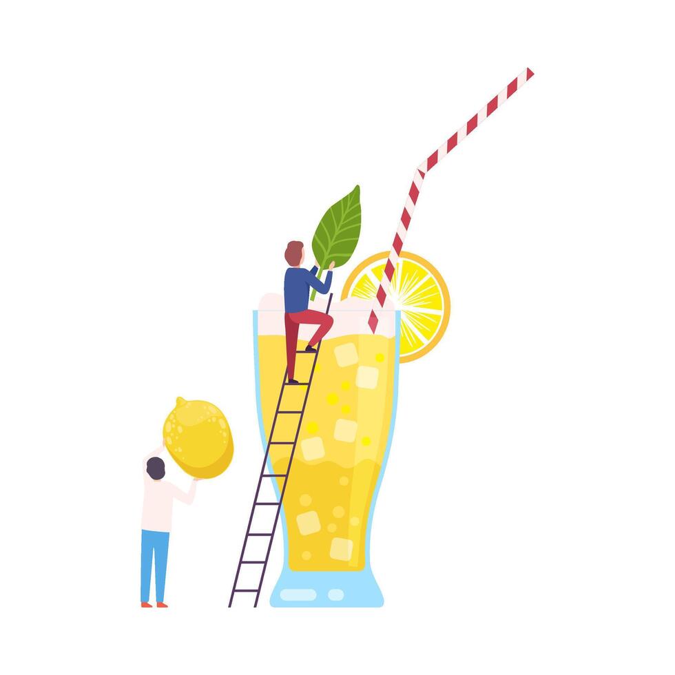 Tiny People Making Cocktail, Young Men Putting Mint Leaf and Lemon to Big Glass with Juice and Straw, Cold Sweet Summer Drink Illustration vector