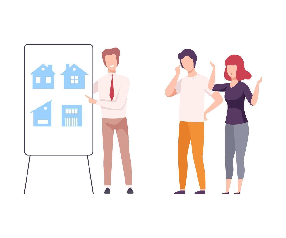 Male Agent Helping Family Couple to Choose House, People Buying or Renting Real Estate Illustration vector
