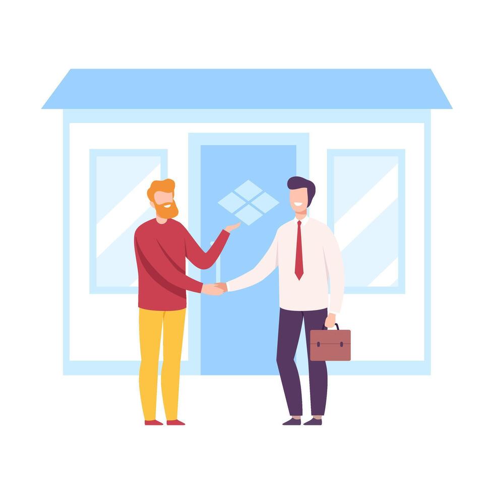 Male Agent and Client Shaking Hands, Real Estate Deal, Man Buying, Selling or Renting House Illustration vector