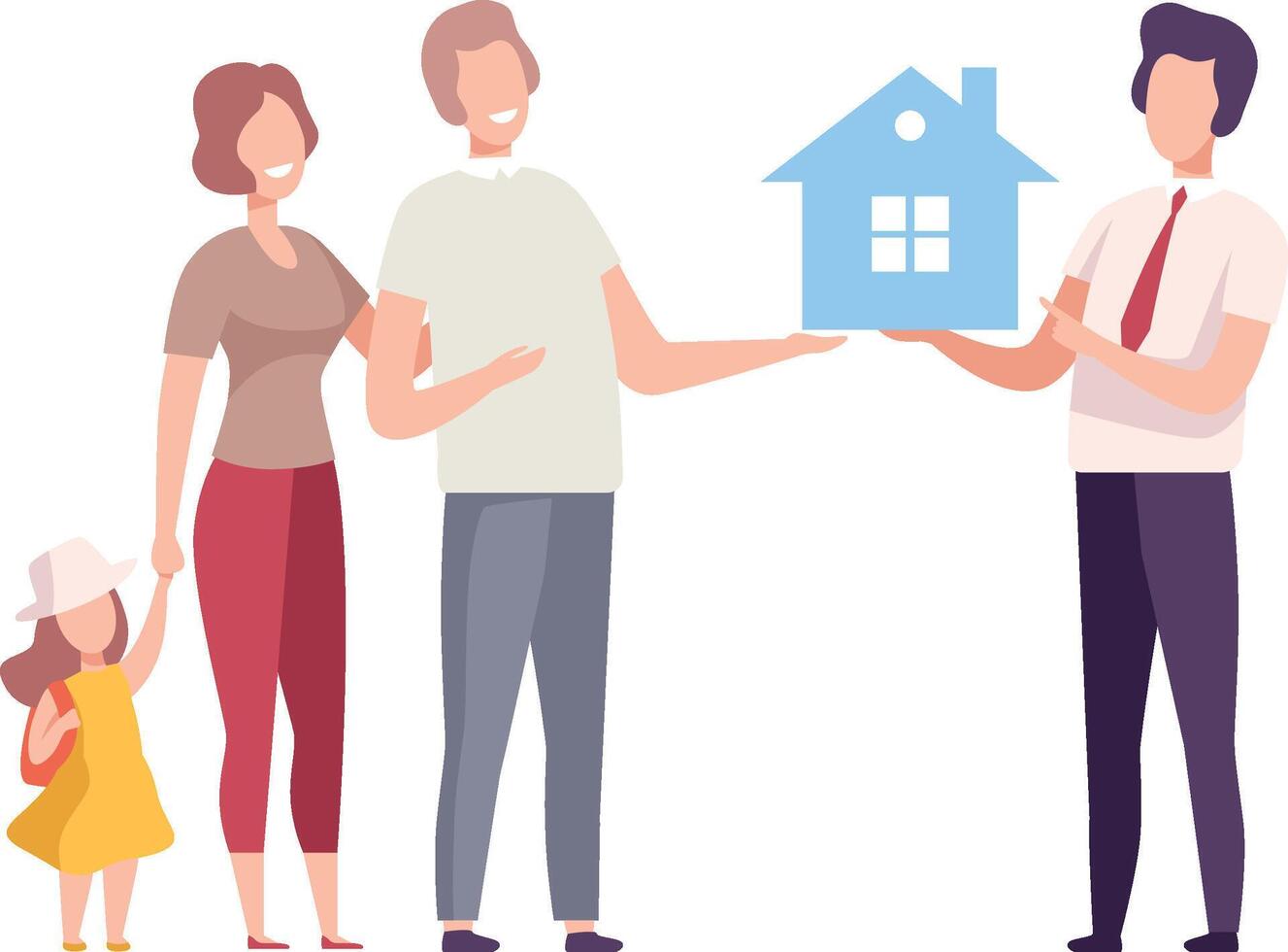 Male Real Estate Agent Offering House for Sale to Family Couple with Daughter, People Buying, Selling or Renting House Illustration vector
