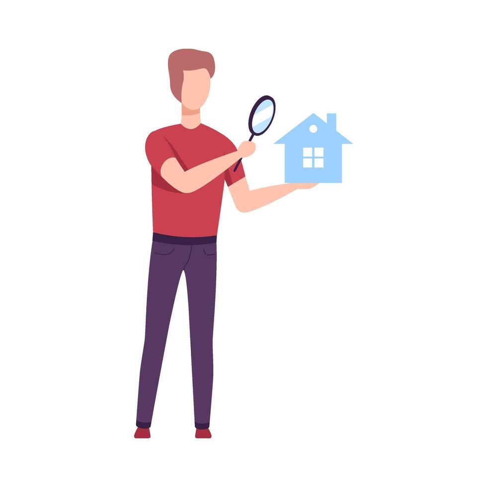 Young Man Holding Small House and Looking at it Through Magnifying Glass, Man Choosing Real Estate for Buying or Renting Illustration vector