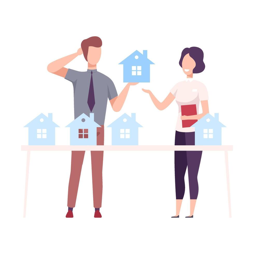 Male Real Estate Agent Offering House for Sale or Rent to Young Man Illustration vector