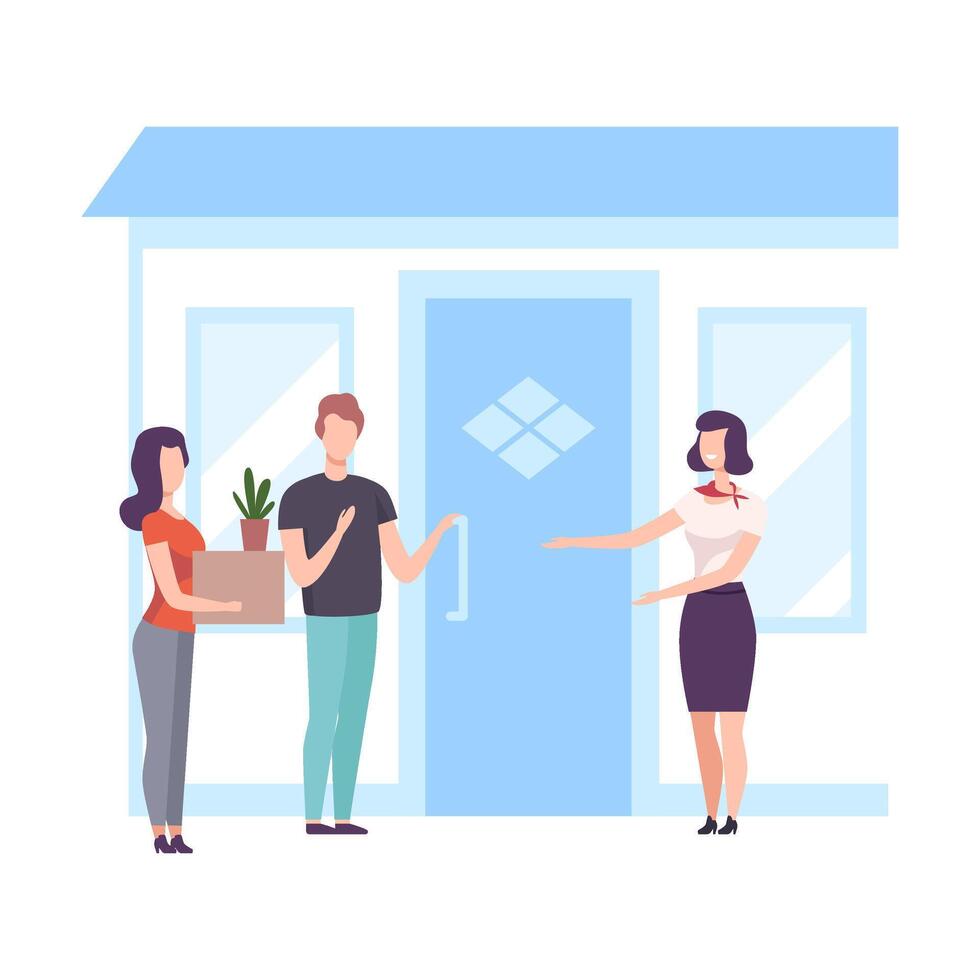Real Estate Agent Showing New House to Couple, People Buying or Renting Home Illustration vector