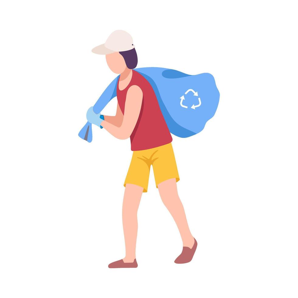 Young Man Carrying Plastic Bag Full of Trash, Male Volunteer Picking Garbage Outdoors Illustration vector