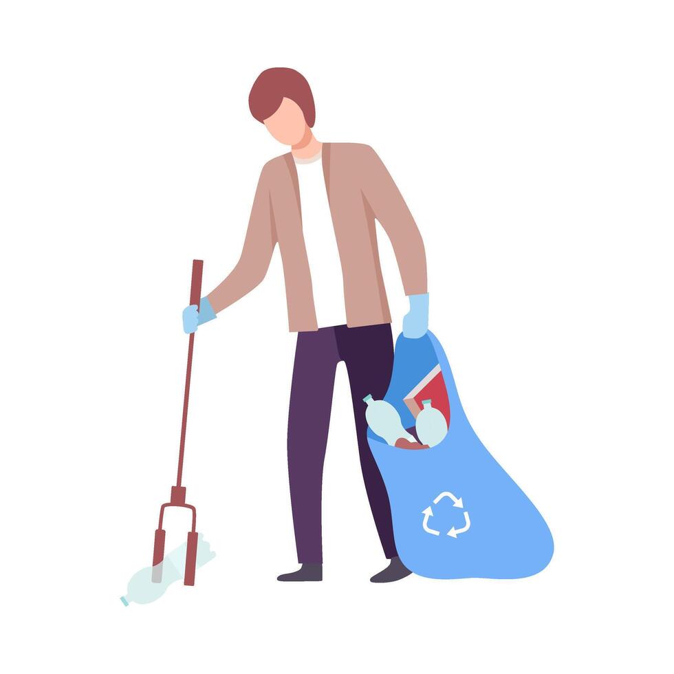 Young Man Collecting Trash into Plastic Bag with Eco Friendly Tool, Male Volunteer Picking Garbage Outdoors Illustration vector