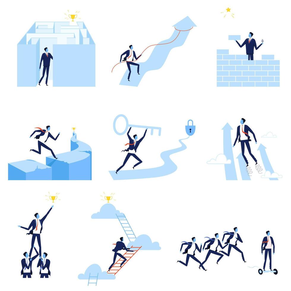 Successful Businessmen Overcoming Obstacles Towards Goals Set, Path to Success, Leadership, Competition, Challenge Illustration vector