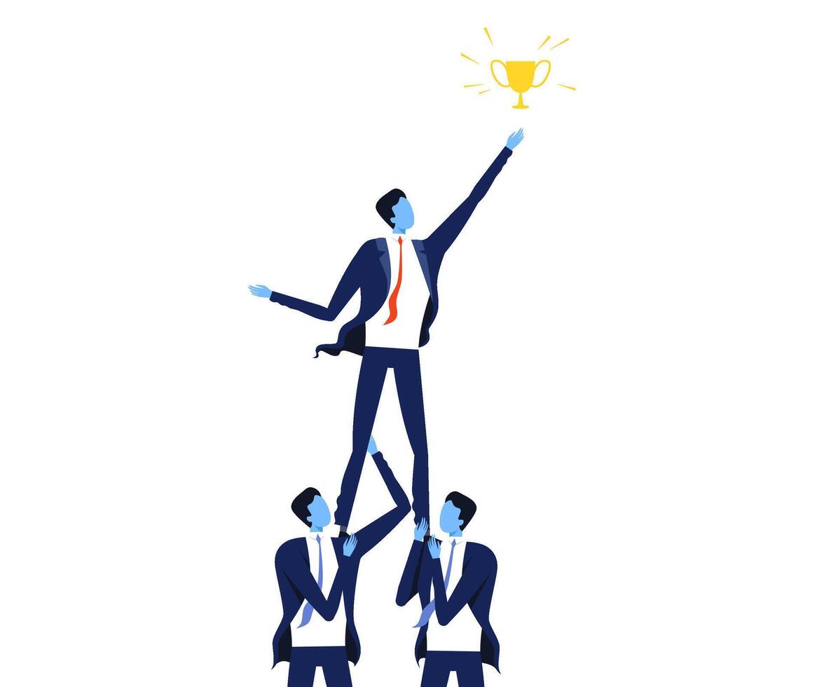 Two Businessman Supporting their Leader, Business Person Standing on Shoulders and Trying to Grab the Star Illustration vector