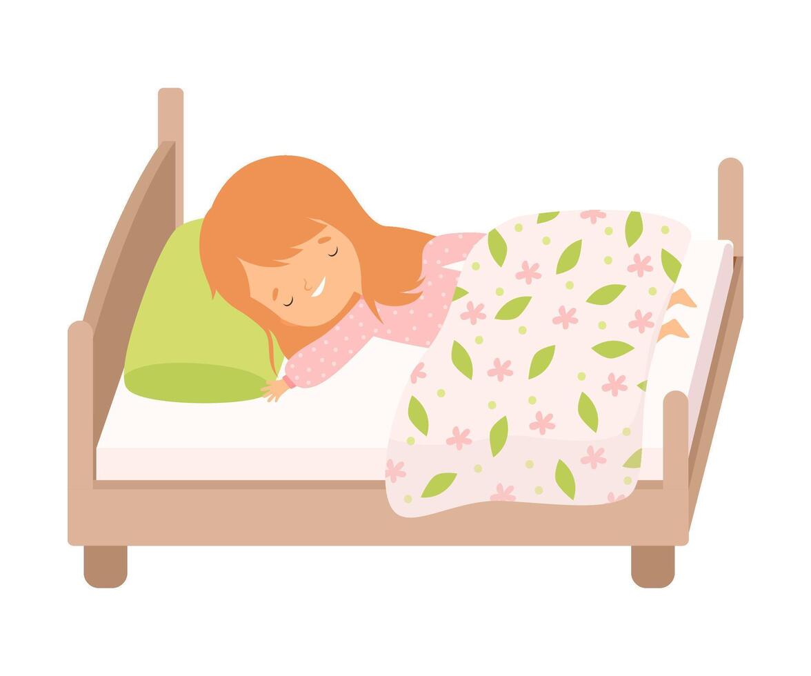 Adorable Smiling Red Haired Little Girl Sleeping Sweetly in Her Bed under Blanket Illustration vector