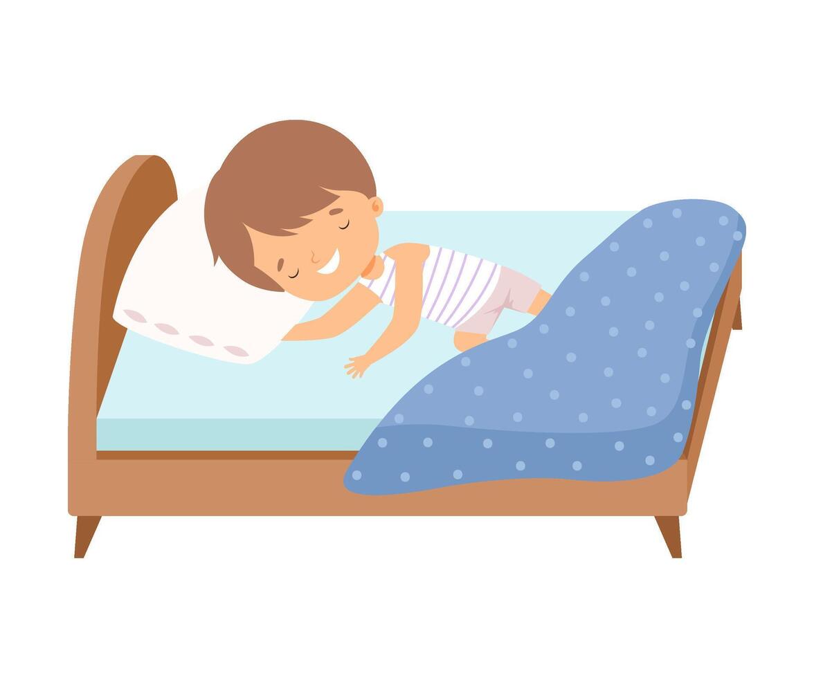 Cute Smiling Little Boy Sleeping Sweetly in His Bed Illustration vector
