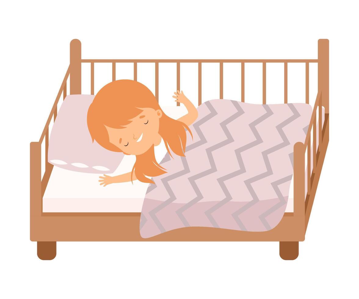 Cute Red Haired Little Girl Sleeping Sweetly in Her Bed under Blanket Illustration vector