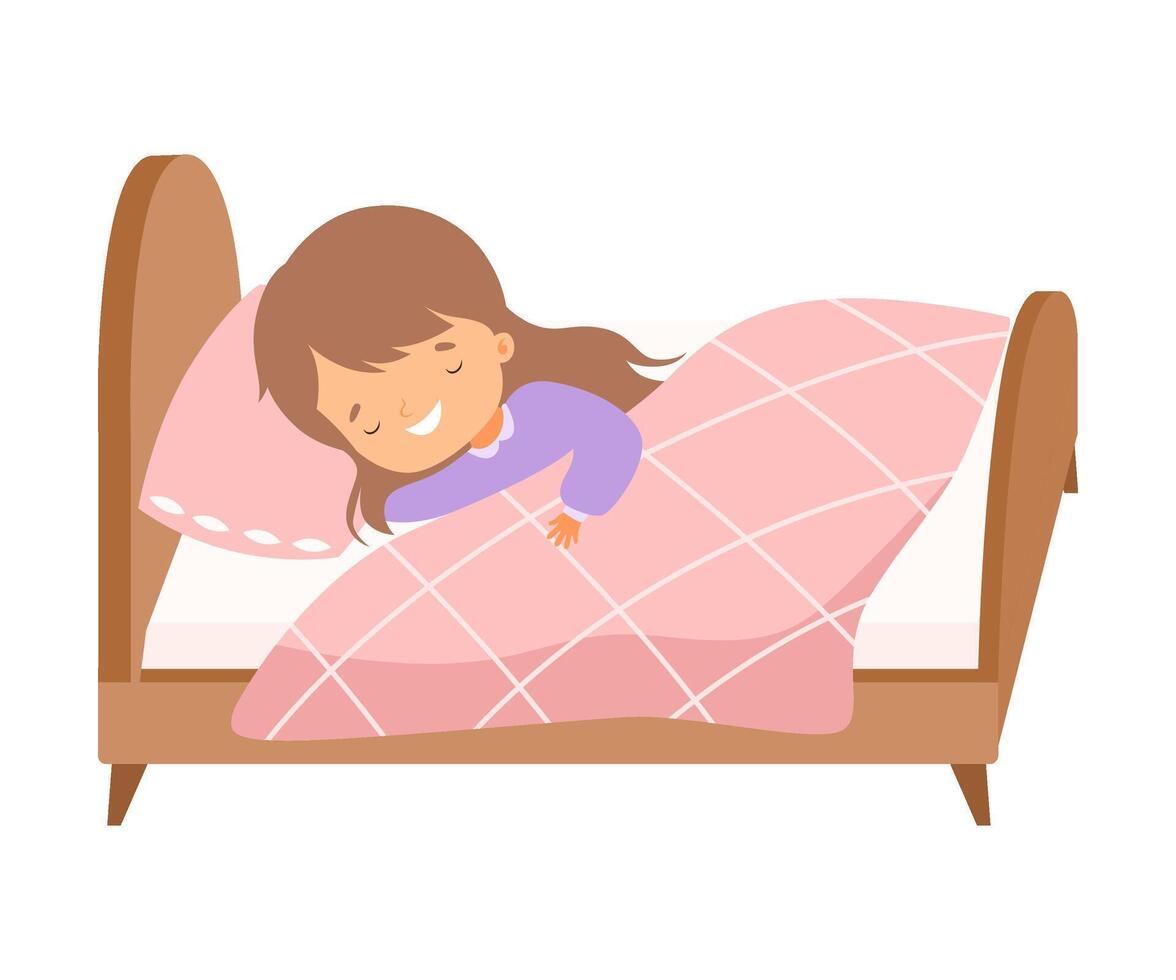 Lovely Smiling Little Girl Sleeping Sweetly in Her Bed under Blanket Illustration vector