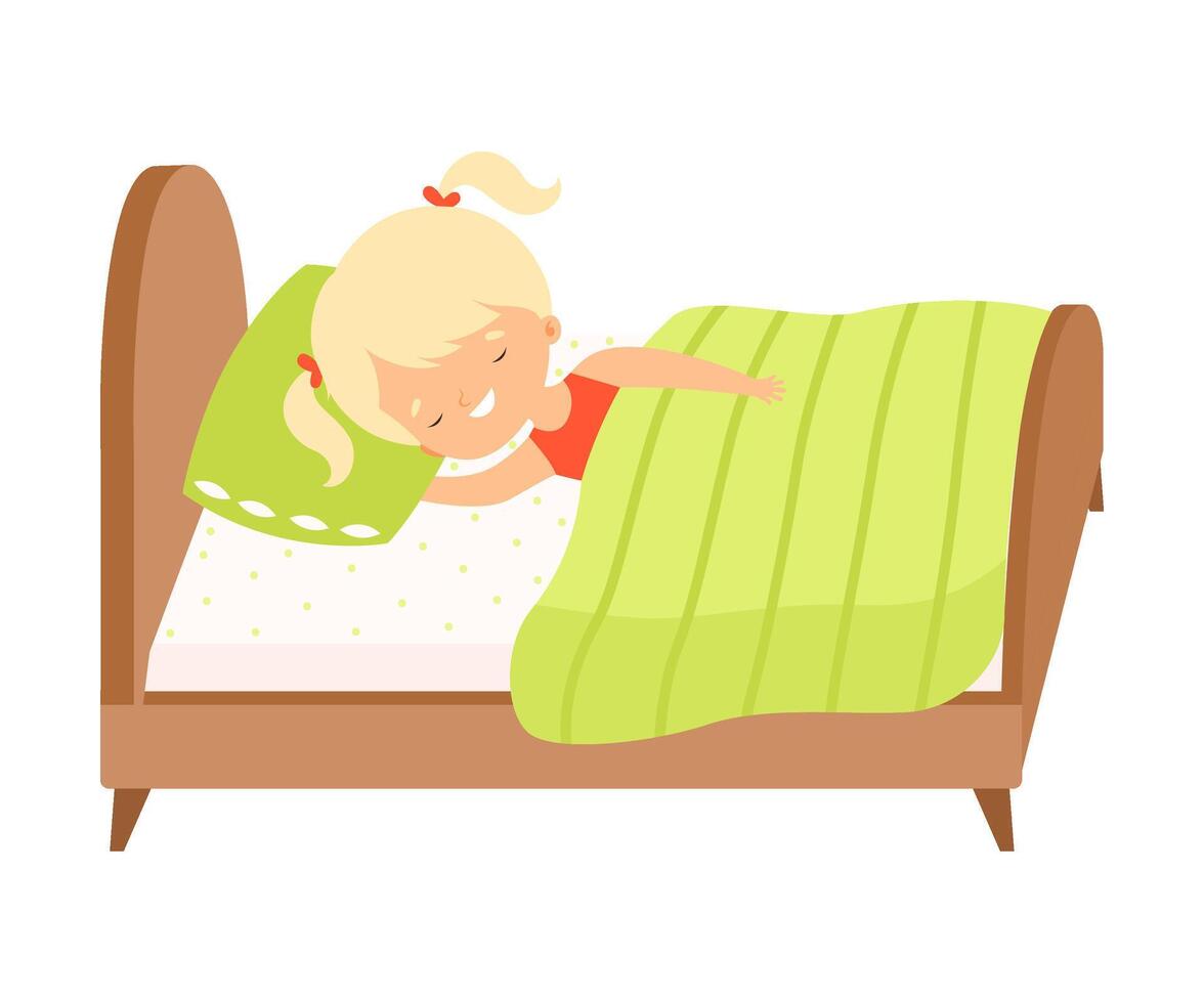 Cute Blonde Little Girl Sleeping Sweetly in Her Bed under Blanket Illustration vector