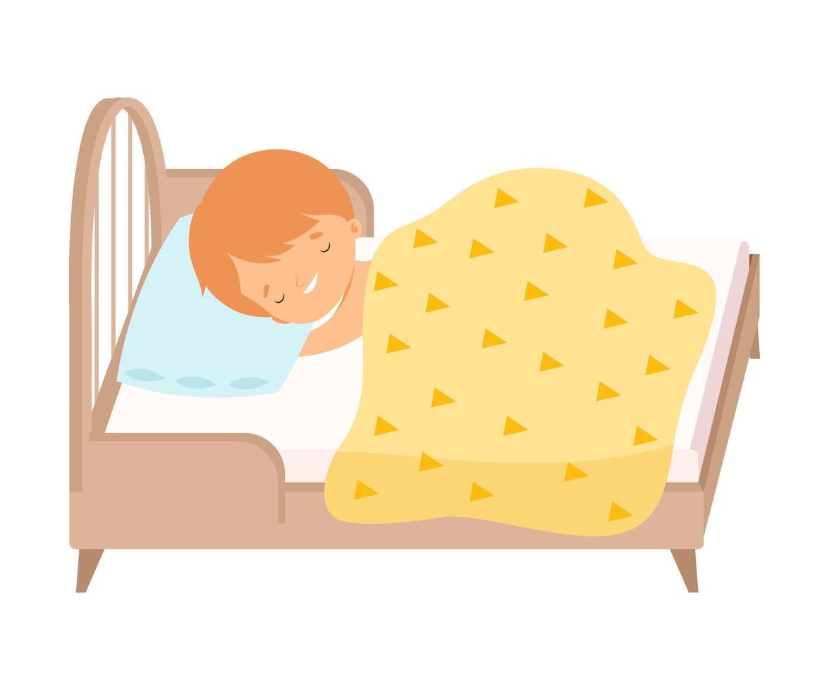 Cute Red Haired Little Boy Sleeping Sweetly in His Bed under Blanket Illustration vector