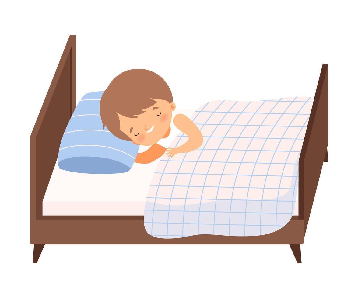 Cute Smiling Boy Sleeping in His Bed under Blanket Illustration vector