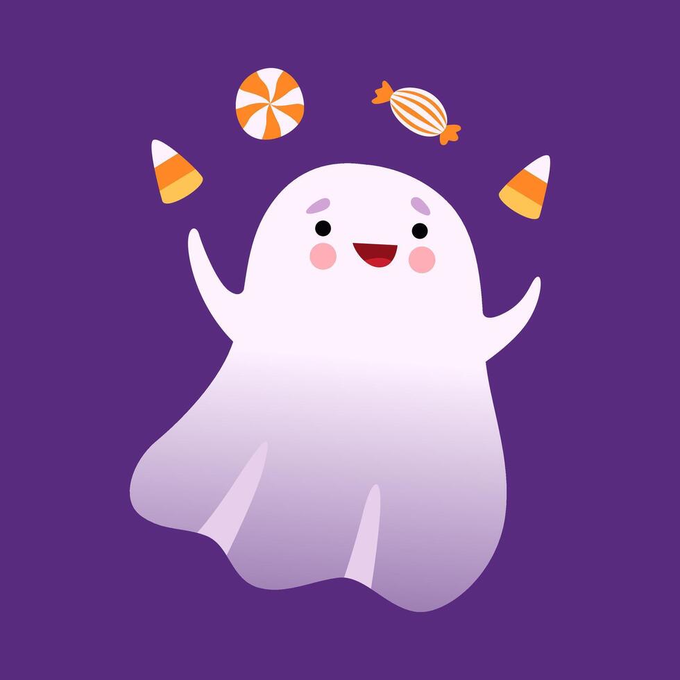 White Ghost Juggling with Sweets, Cute Halloween Spooky Character Illustration vector
