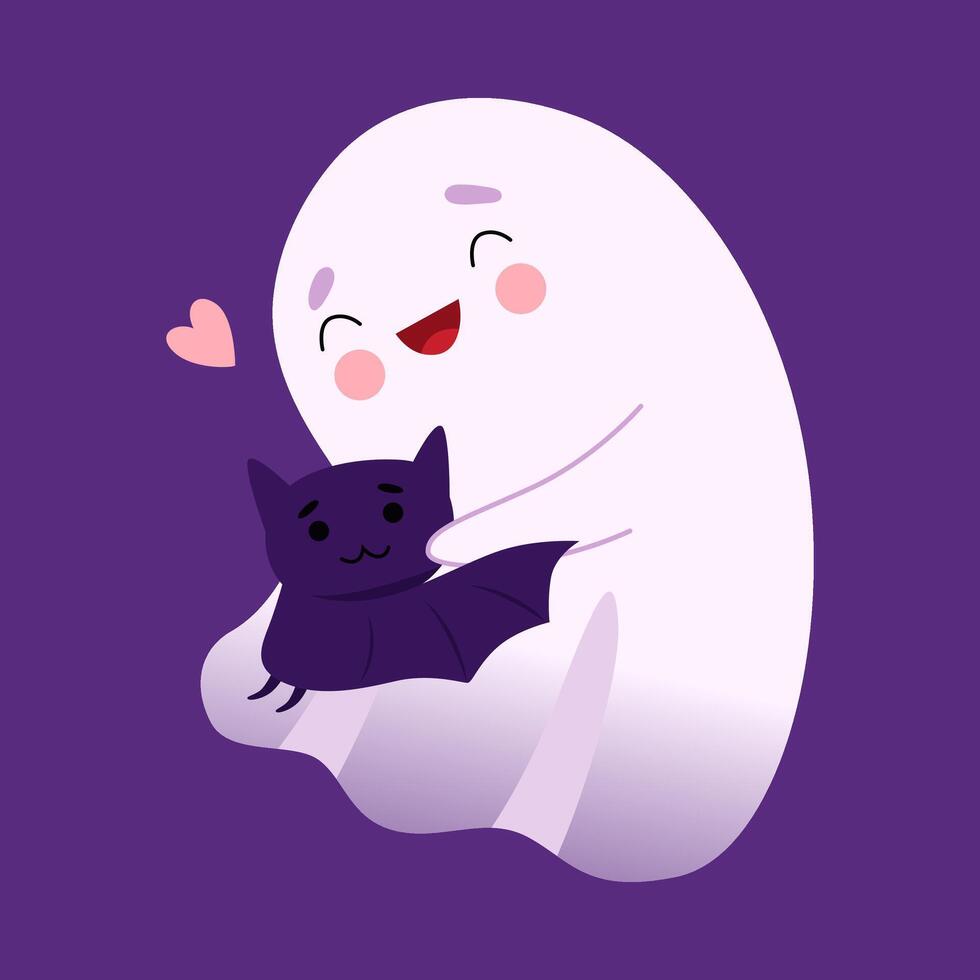 Adorable White Little Ghost Hugging Bat, Cute Halloween Spooky Character Illustration vector