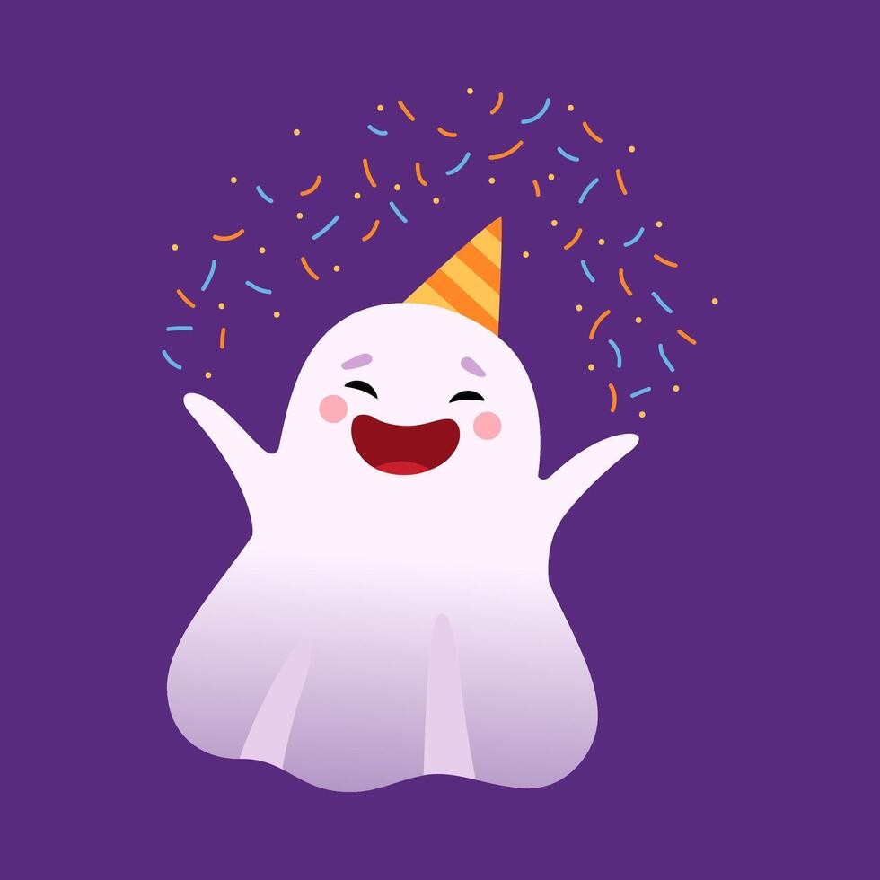 White Smiling Little Ghost Having Fun in Party Hat, Cute Halloween Spooky Character Illustration vector