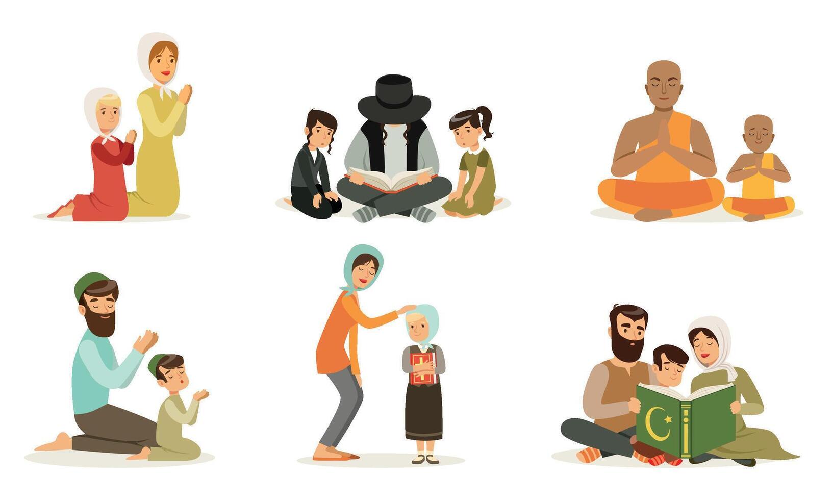 Happy Families of Different Religions Collection, Parents and Children in Traditional Clothes Praying and Reading Religious Books Illustration vector