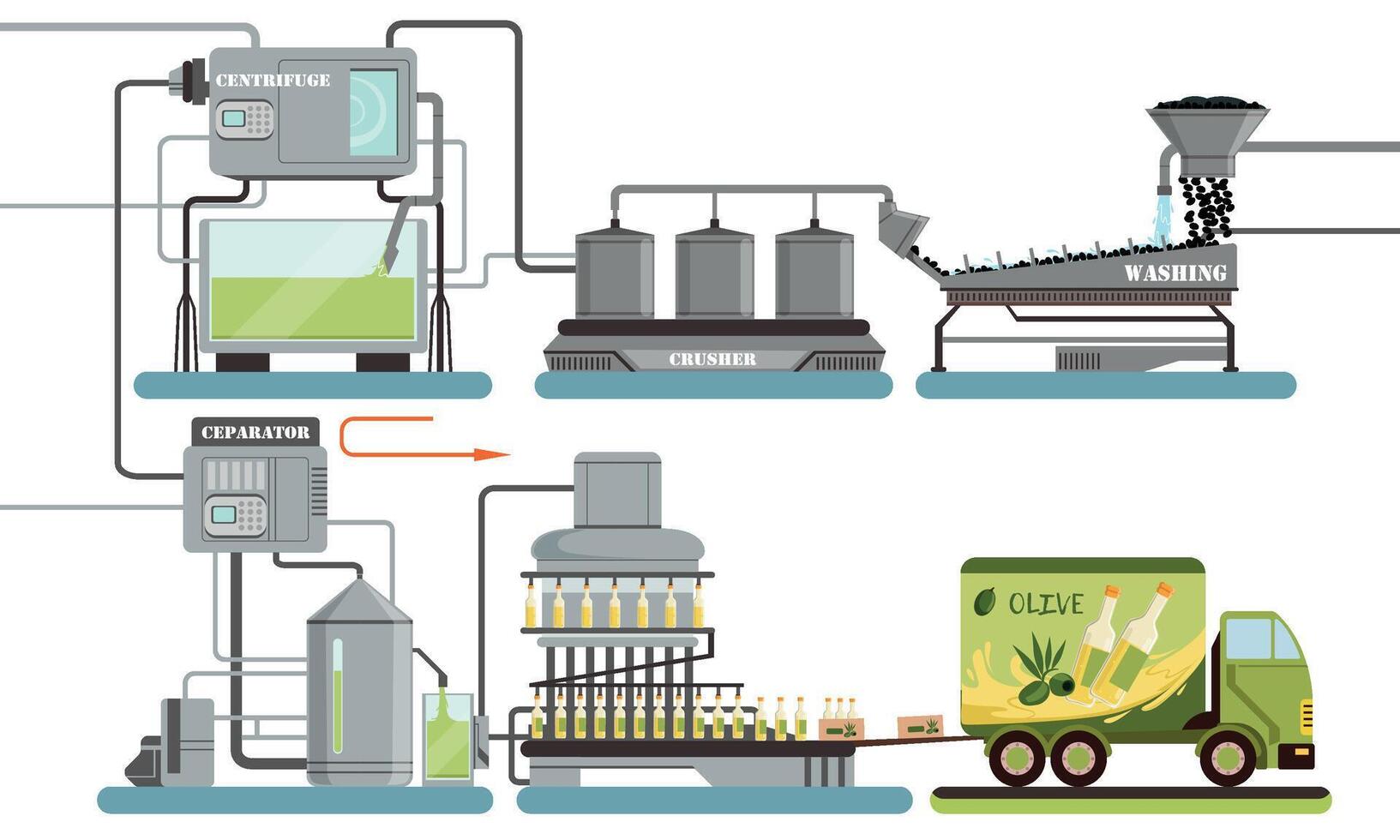 Olive Oil Production Process, Olive Washing, Crushing, Separating, Bottling Automated Line Illustration vector
