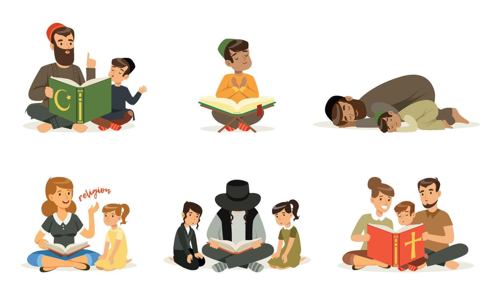 People of Different Religions Collection, Families Traditional Clothes Praying and Reading Religious Books Illustration vector