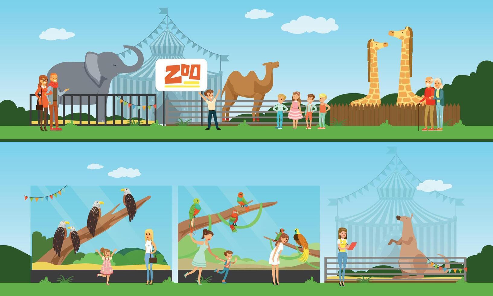 People Visiting the Zoo and Watching Different Wild Animals and Birds at Excursion Illustration vector