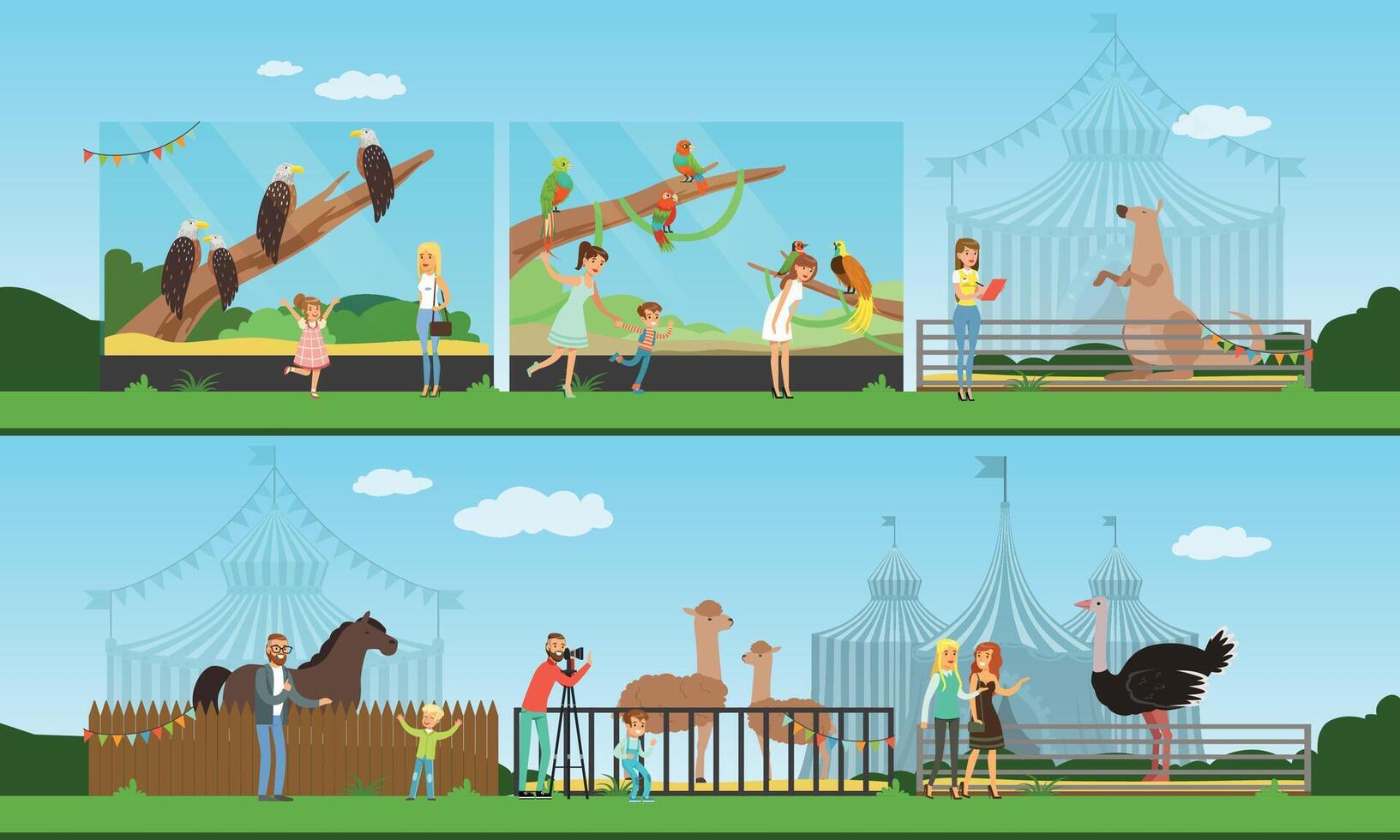 People Visiting the Zoo and Watching and Photographing Different Wild Animals and Birds at Excursion Illustration vector