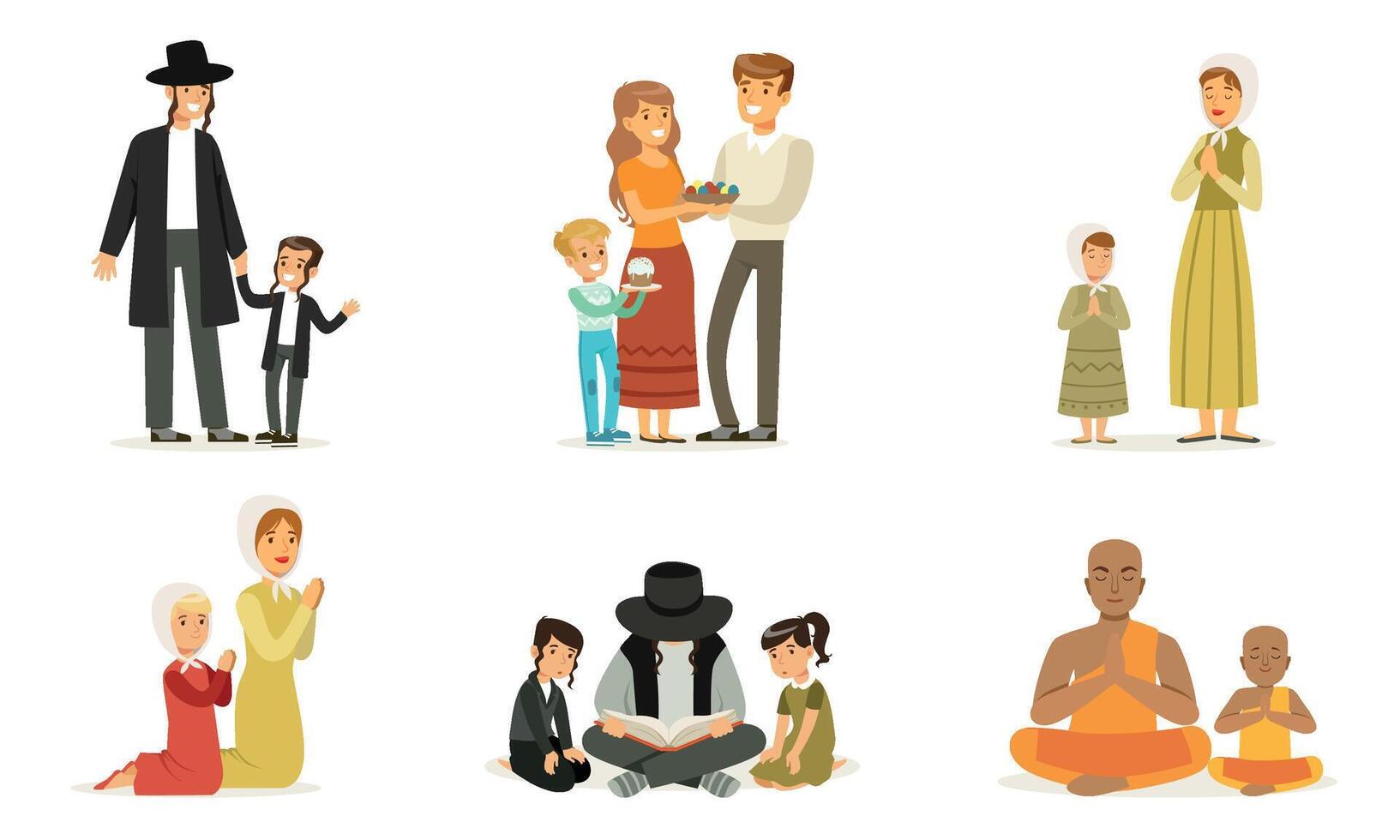 People of Different Religions Collection, Happy Families in Traditional Clothes Praying and Reading Religious Books Illustration vector