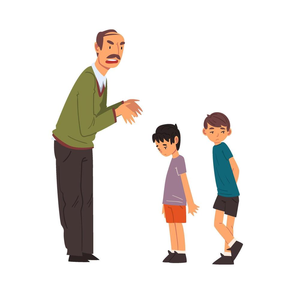 Angry Mature Man Scolding Naughty Boys, Man Chastening Children for Bad Behavior Illustration vector