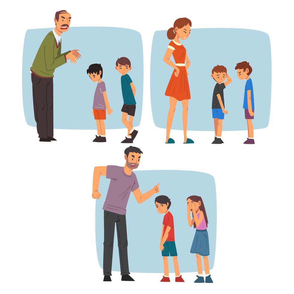 Parents Scolding Naughty Boys Set, Adult People Chastening Children for Bad Behavior Illustration vector
