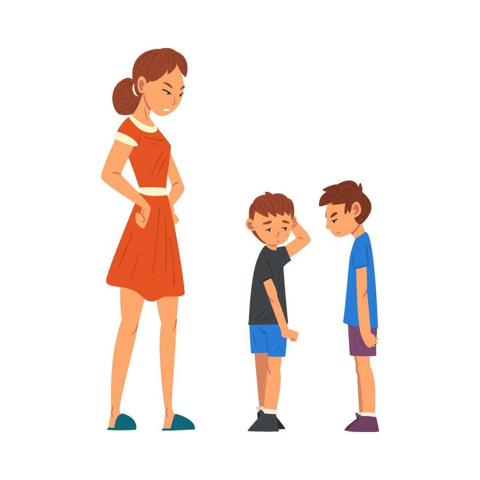 Angry Mother Scolding Her Naughty Sons, Relationships Between Kids and Parent Illustration vector