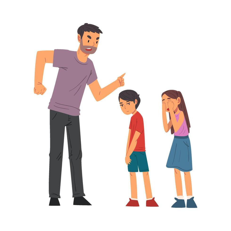Angry Father Scolding His Naughty Son and Daughter, Relationships Between Kids and Parents Illustration vector
