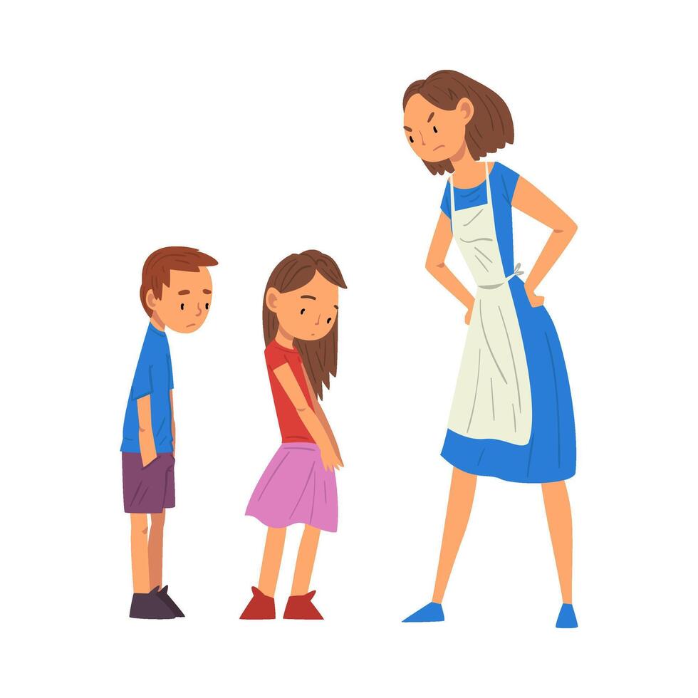Angry Mother Scolding Her Naughty Son and Daughter, Relationships Between Kids and Parents Illustration vector