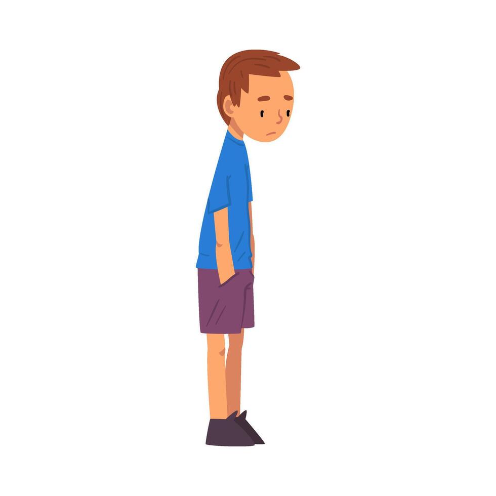 Unhappy Boy, Sad Child in Shorts and Blue Tshirt Illustration vector