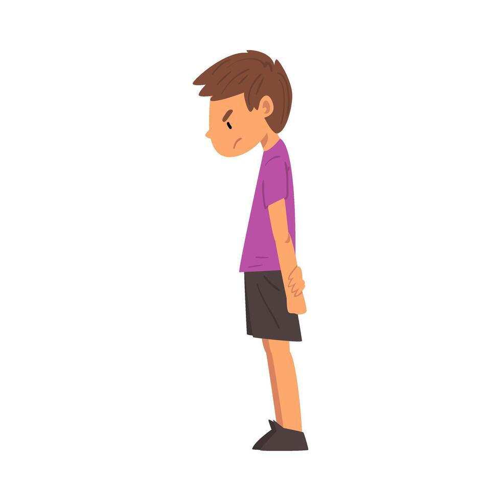 Unhappy Boy, Cute Child with Sad Face Wearing Shorts and Tshirt, Side View Illustration vector