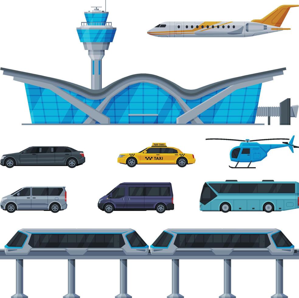 Modern Aerodrome or Transport Hub, Aviation Transport Terminal, Airport Vehicles, Flight Service Transportation Collection Flat Illustration vector