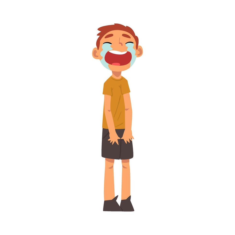 Crying Boy Standing with Bowed Head, Cute Sad Child in Shorts and Tshirt Illustration vector