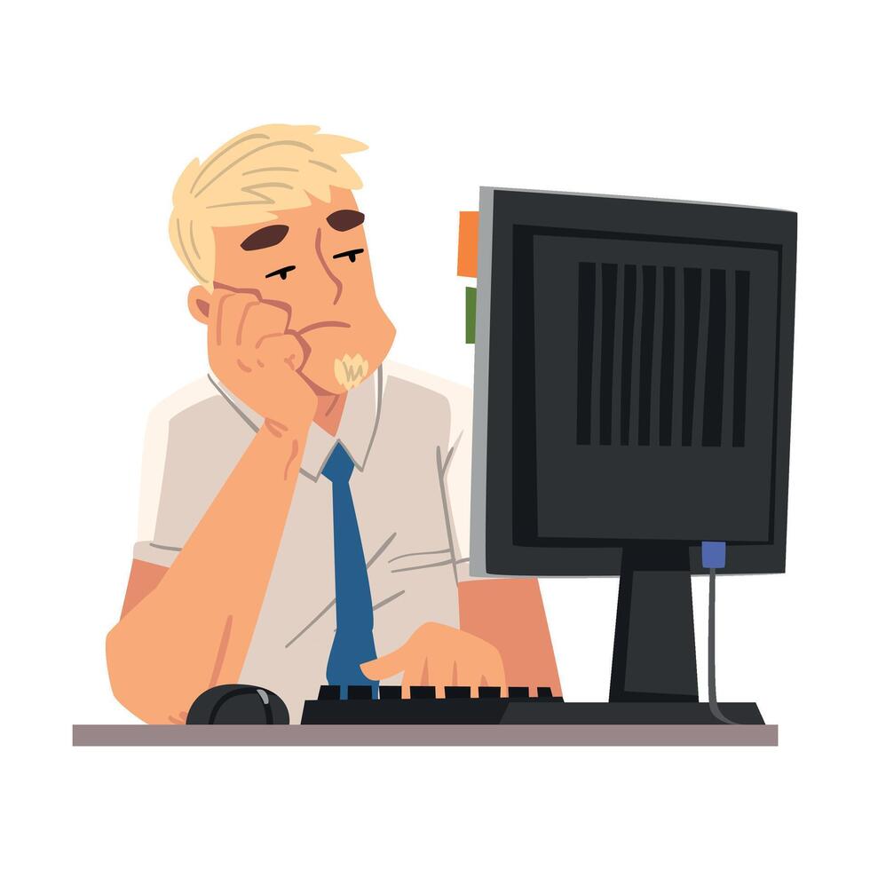 Bored Businessman Employee Man Working with Computer, Unmotivated or Unproductive Manager Character Illustration vector