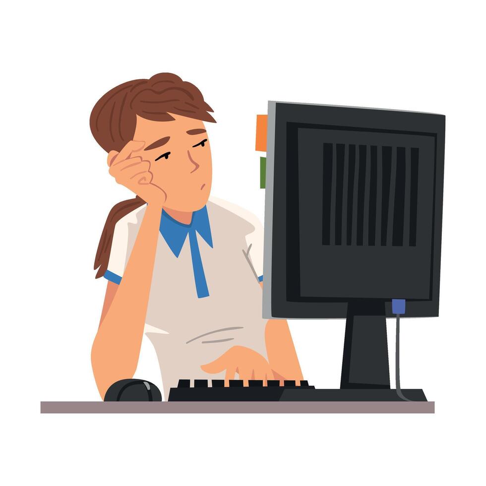 Bored Man Working with Computer, Lazy Male Employee Procrastinating at Workplace, Unmotivated or Unproductive Manager Character Illustration vector