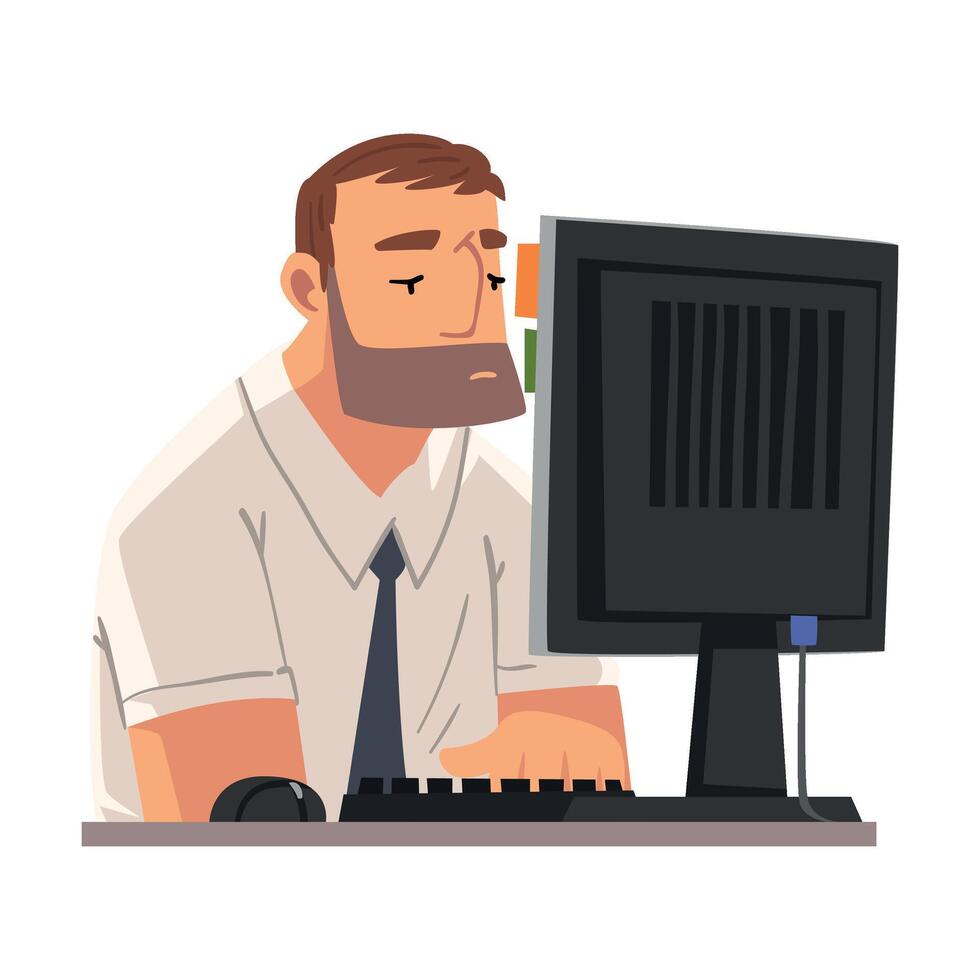 Bored Business Employee Man Working with Computer, Lazy Man Procrastinating at Workplace, Unmotivated or Unproductive Manager Character Illustration vector