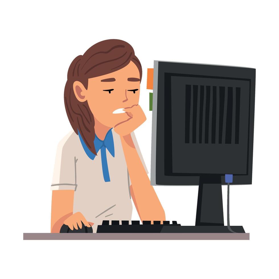 Young Woman Being Bored with Her Job, Lazy Office Worker Procrastinating at Workplace, Unmotivated or Unproductive Manager Character Illustration vector