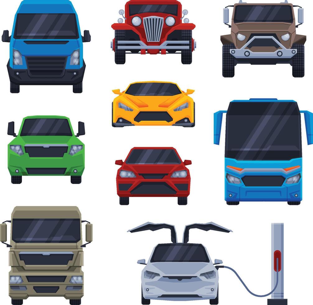 Front View of Various Models of Car, Truck, Bus, SUV, Minibus, Collection of Different Types of Vehicles Flat Illustration vector