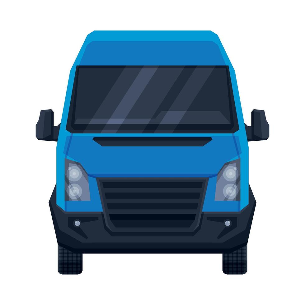 Front View of Blue Minibus for Passenger or Cargo Transportation, Minivan Auto Vehicle Flat Illustration vector