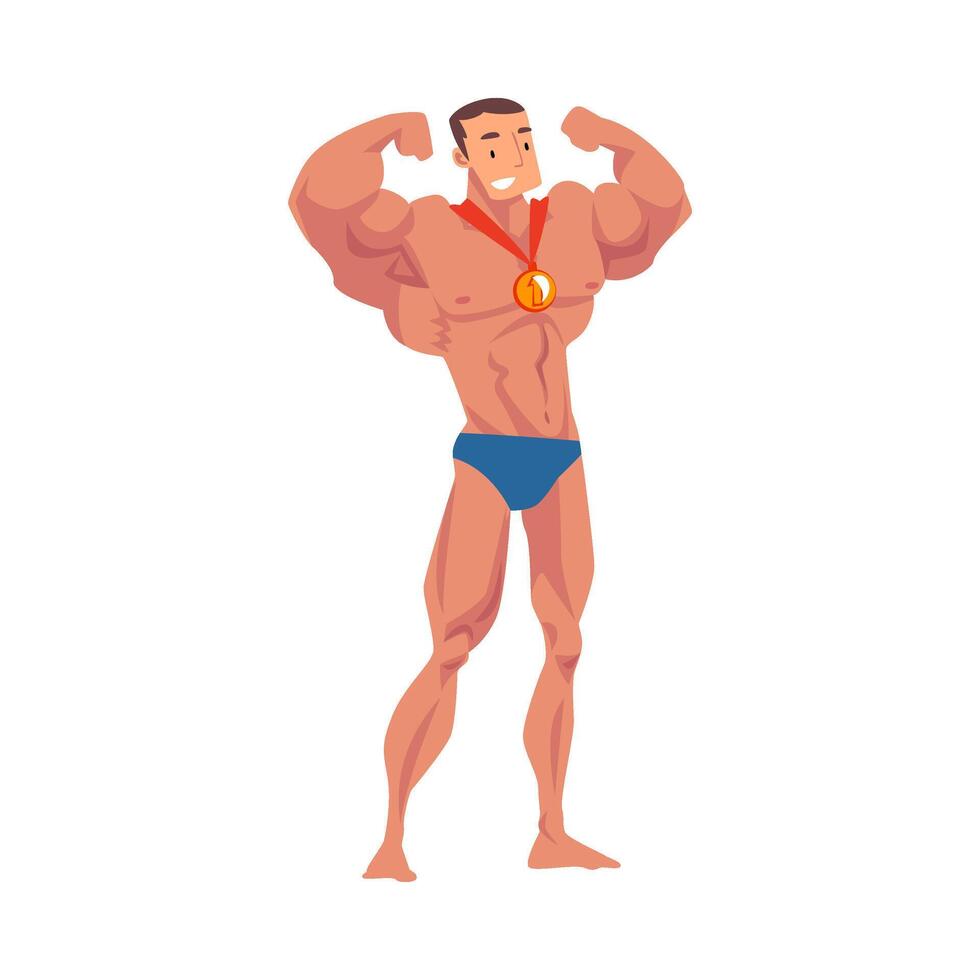 Strong and Muscular Bodybuilder Posing with Medal, Happy Male Athlete Celebrating His Victory Illustration vector